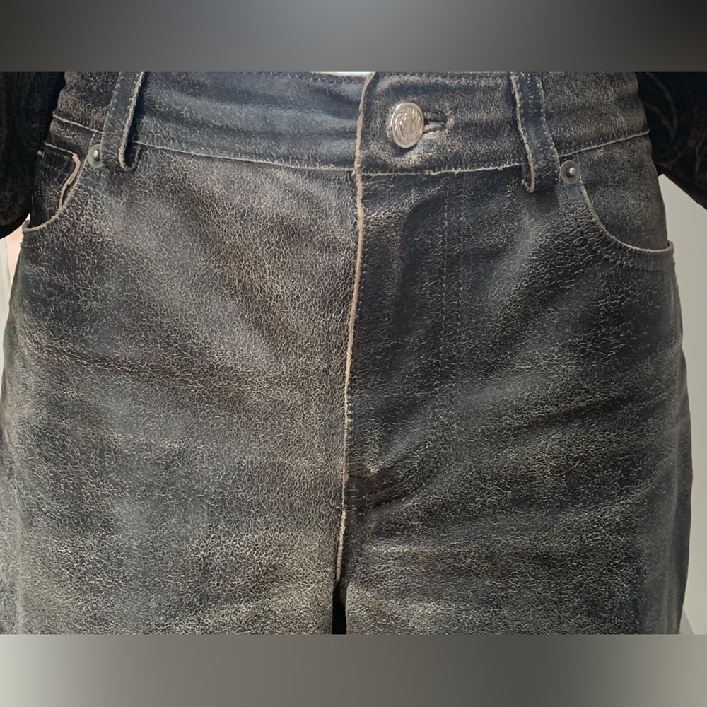 Distressed brown leather IDentity jeans by Lord & Taylor. Size2/4